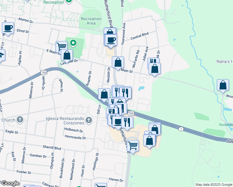 map of restaurants, bars, coffee shops, grocery stores, and more near 3015 South Rutherford Boulevard in Murfreesboro