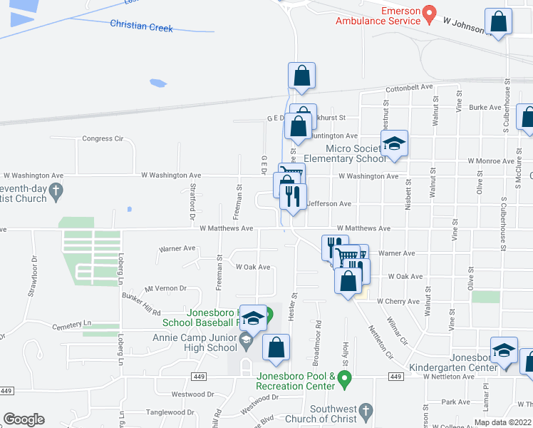 map of restaurants, bars, coffee shops, grocery stores, and more near 705 Meadowbrook Street in Jonesboro