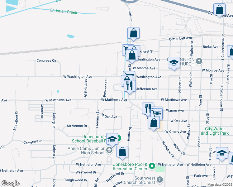 map of restaurants, bars, coffee shops, grocery stores, and more near 705 Meadowbrook Street in Jonesboro
