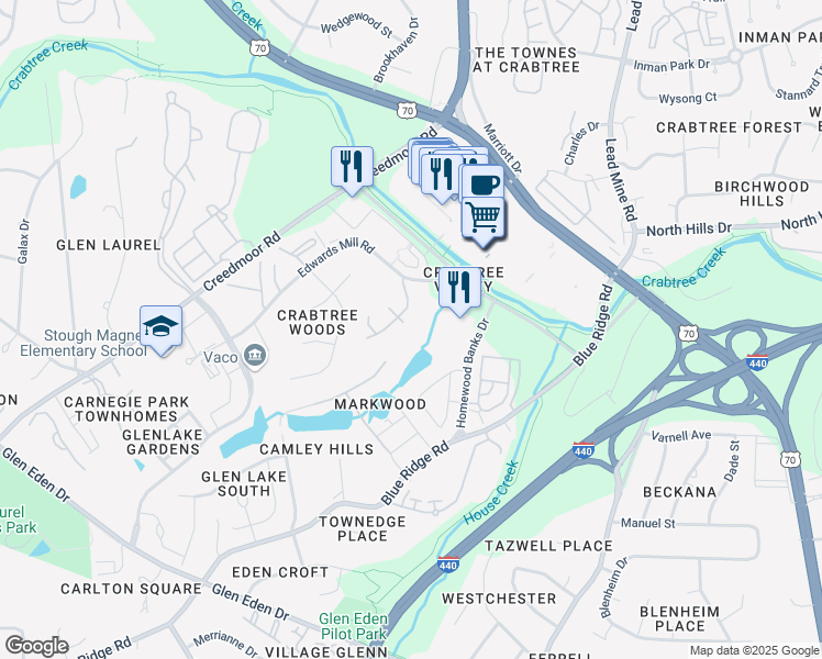 map of restaurants, bars, coffee shops, grocery stores, and more near 5056 Edwards Mill Road in Raleigh
