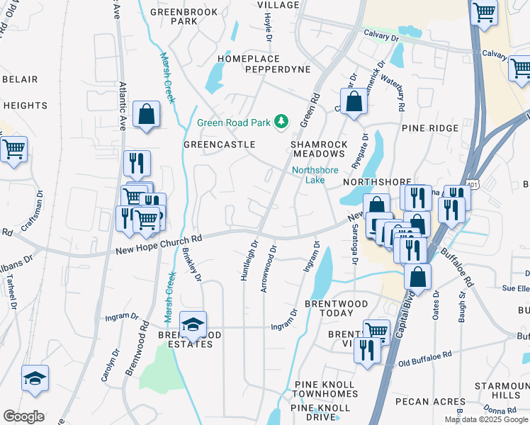 map of restaurants, bars, coffee shops, grocery stores, and more near 3967 Green Road in Raleigh