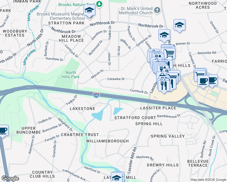 map of restaurants, bars, coffee shops, grocery stores, and more near 729 Currituck Drive in Raleigh