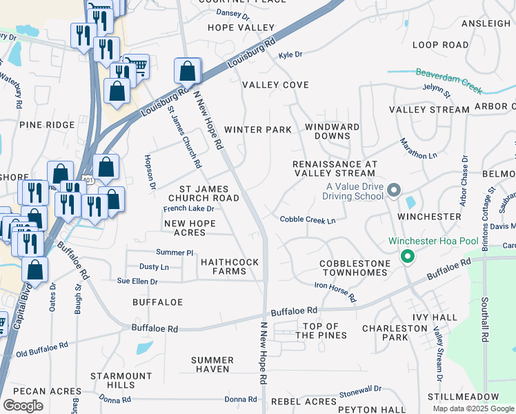 map of restaurants, bars, coffee shops, grocery stores, and more near 4304 Cobble Creek Lane in Raleigh