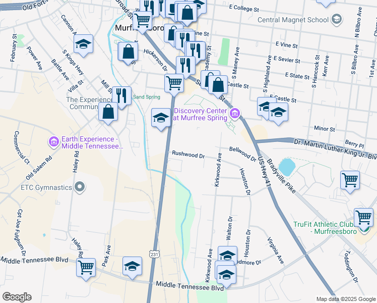 map of restaurants, bars, coffee shops, grocery stores, and more near 123 Rushwood Drive in Murfreesboro