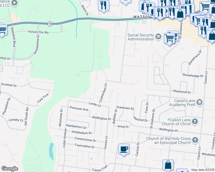 map of restaurants, bars, coffee shops, grocery stores, and more near 411 Conhocken Court in Murfreesboro