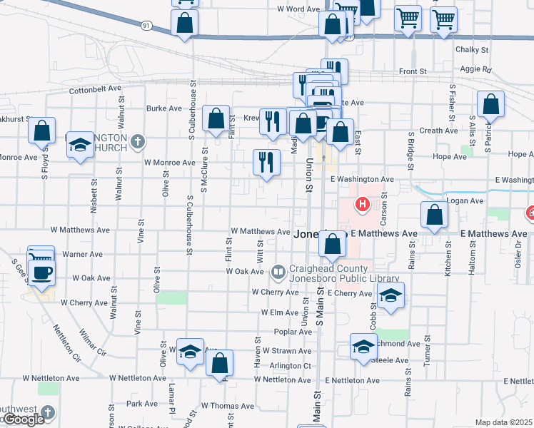 map of restaurants, bars, coffee shops, grocery stores, and more near 411 West Jefferson Avenue in Jonesboro