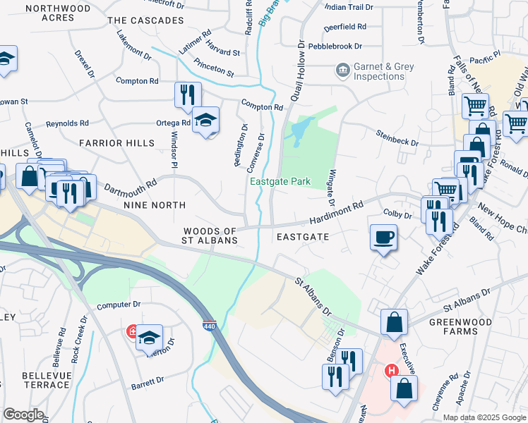 map of restaurants, bars, coffee shops, grocery stores, and more near 3905 Quail Hollow Drive in Raleigh