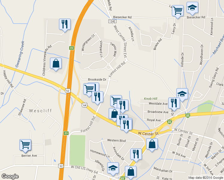 map of restaurants, bars, coffee shops, grocery stores, and more near 109 Forest Hill Road in Lexington