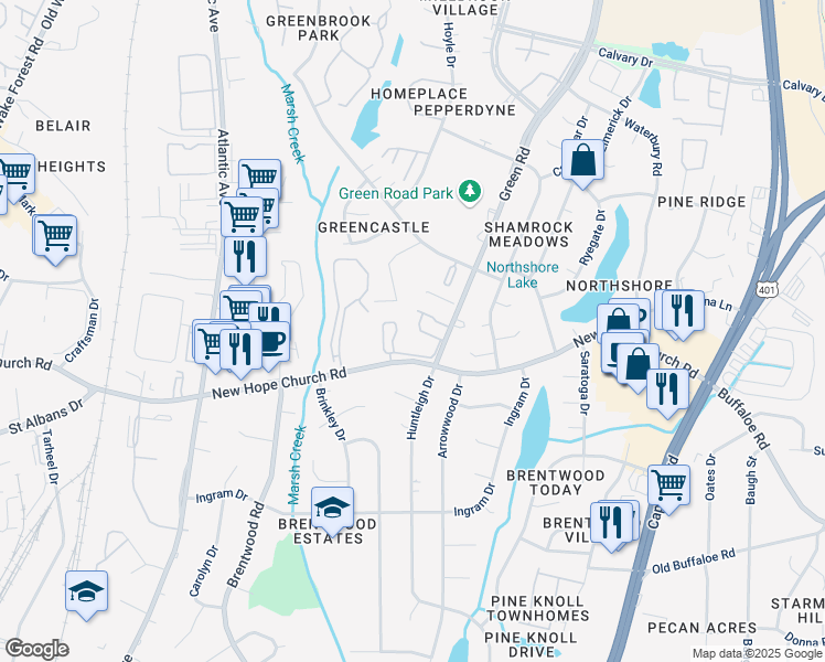 map of restaurants, bars, coffee shops, grocery stores, and more near 3939 Green Road in Raleigh