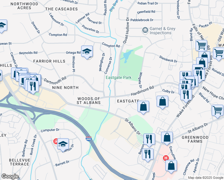 map of restaurants, bars, coffee shops, grocery stores, and more near 3905 Quail Hollow Drive in Raleigh