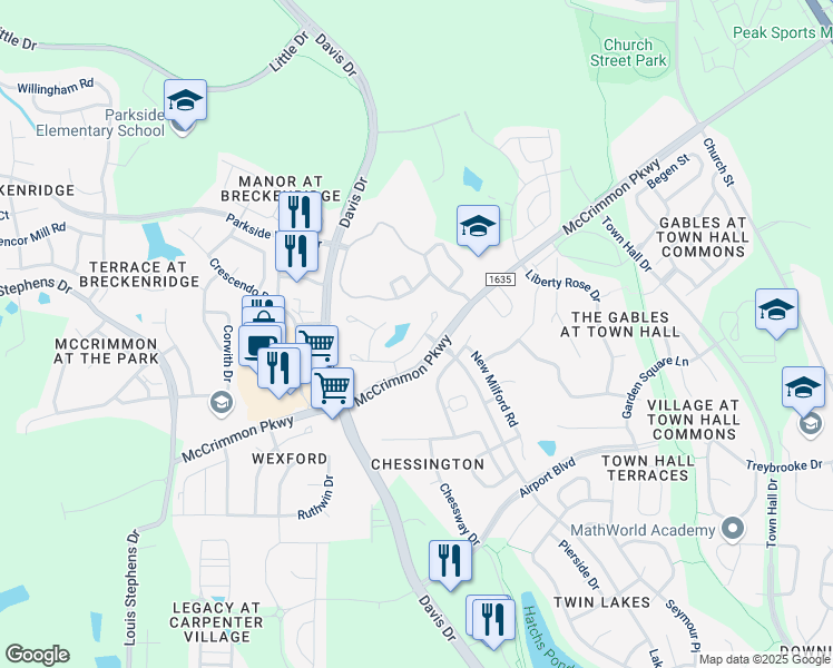 map of restaurants, bars, coffee shops, grocery stores, and more near 505 Berry Chase Way in Cary