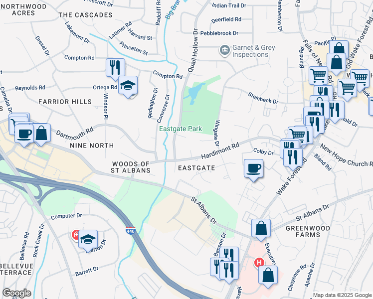 map of restaurants, bars, coffee shops, grocery stores, and more near 3909 Montreat Court in Raleigh