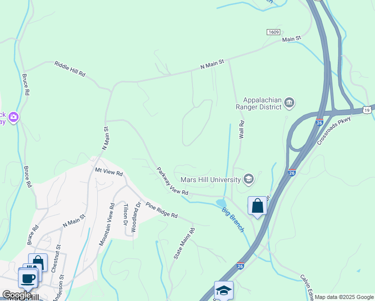 map of restaurants, bars, coffee shops, grocery stores, and more near 535 Oak Lane in Mars Hill