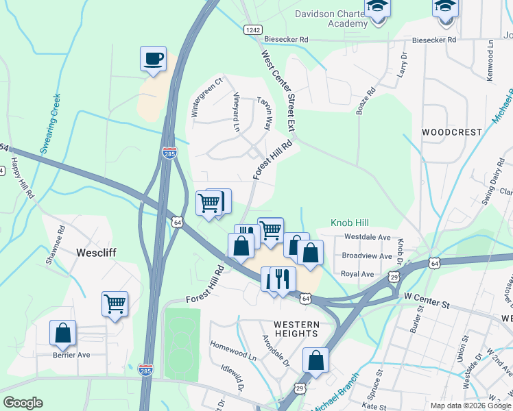 map of restaurants, bars, coffee shops, grocery stores, and more near 109 Forest Hill Road in Lexington