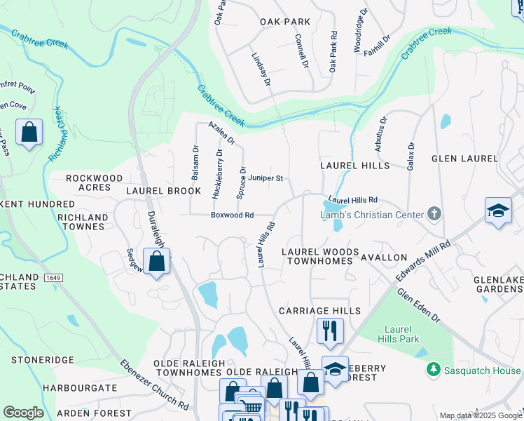 map of restaurants, bars, coffee shops, grocery stores, and more near 4204 Boxwood Road in Raleigh