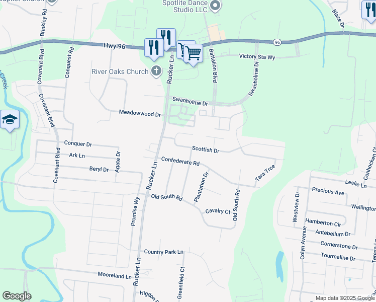 map of restaurants, bars, coffee shops, grocery stores, and more near 4605 Scottish Drive in Murfreesboro