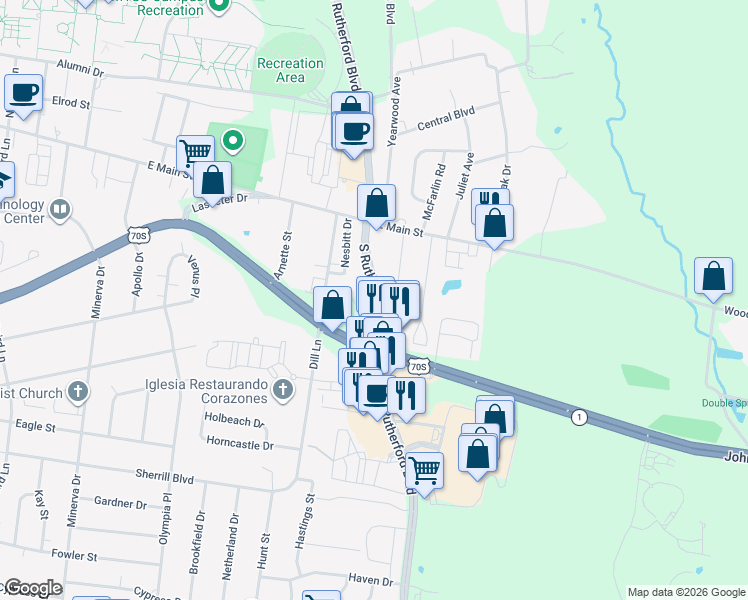 map of restaurants, bars, coffee shops, grocery stores, and more near 3015 South Rutherford Boulevard in Murfreesboro