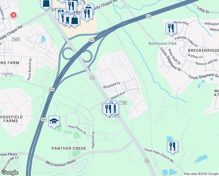 map of restaurants, bars, coffee shops, grocery stores, and more near 1128 Brickfield Drive in Cary