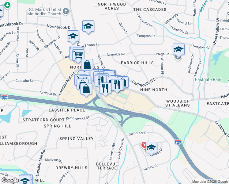 map of restaurants, bars, coffee shops, grocery stores, and more near 142 Park at North Hills Street in Raleigh