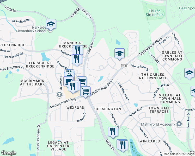 map of restaurants, bars, coffee shops, grocery stores, and more near 804 Suffield Way in Morrisville