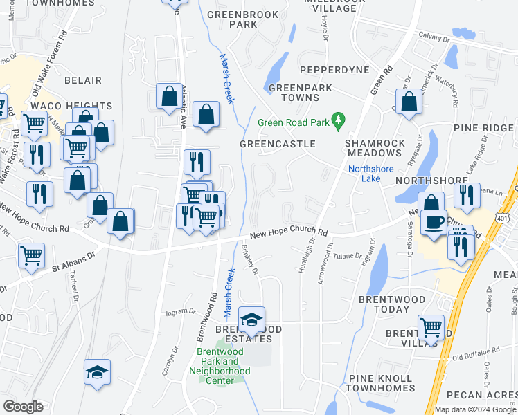 map of restaurants, bars, coffee shops, grocery stores, and more near 3818 Bonneville Court in Raleigh