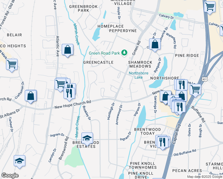 map of restaurants, bars, coffee shops, grocery stores, and more near 3939 Green Road in Raleigh