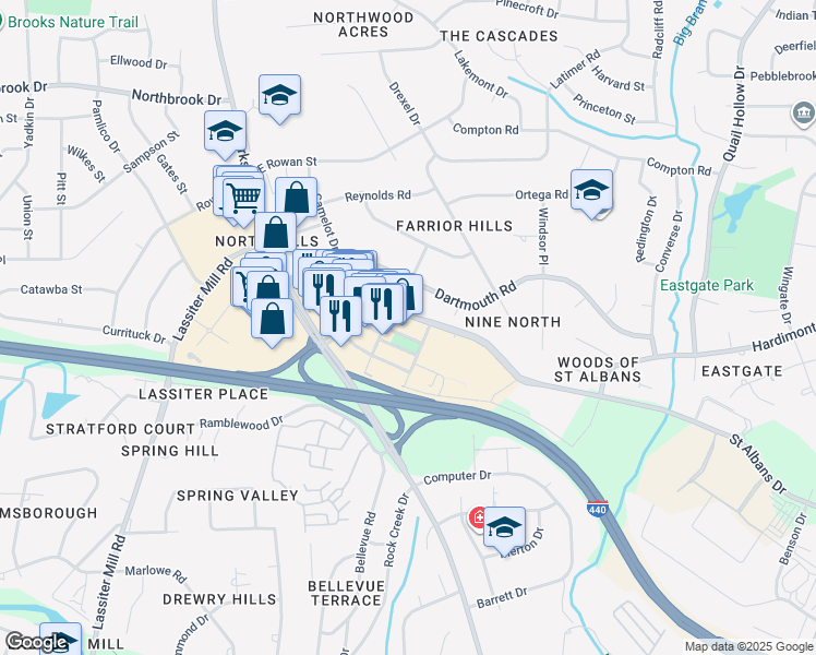 map of restaurants, bars, coffee shops, grocery stores, and more near 4030 Cardinal North Hills Street in Raleigh