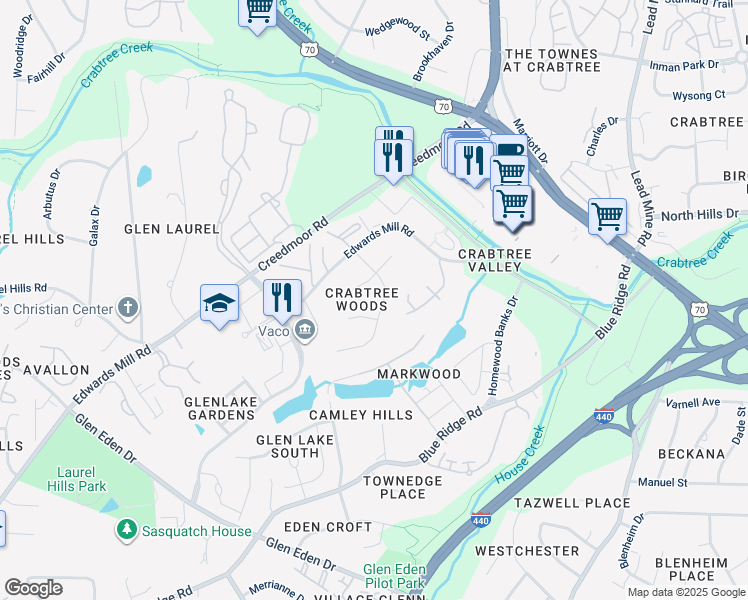 map of restaurants, bars, coffee shops, grocery stores, and more near in Raleigh