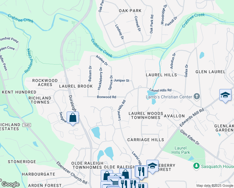 map of restaurants, bars, coffee shops, grocery stores, and more near 4204 Boxwood Road in Raleigh