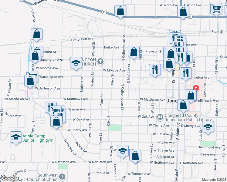 map of restaurants, bars, coffee shops, grocery stores, and more near 700 Olive Street in Jonesboro