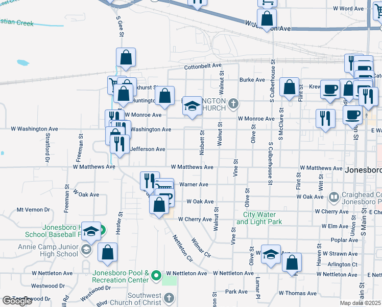 map of restaurants, bars, coffee shops, grocery stores, and more near 710 Chestnut Street in Jonesboro