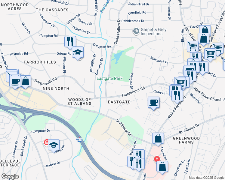 map of restaurants, bars, coffee shops, grocery stores, and more near 3909 Montreat Court in Raleigh