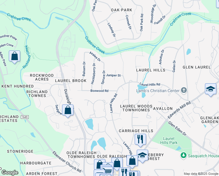 map of restaurants, bars, coffee shops, grocery stores, and more near 4204 Boxwood Road in Raleigh