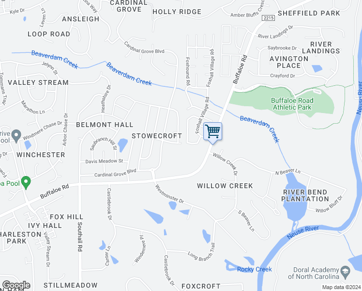 map of restaurants, bars, coffee shops, grocery stores, and more near 5334 Stowecroft Lane in Raleigh