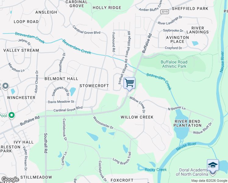 map of restaurants, bars, coffee shops, grocery stores, and more near 5721 Riverford Drive in Raleigh