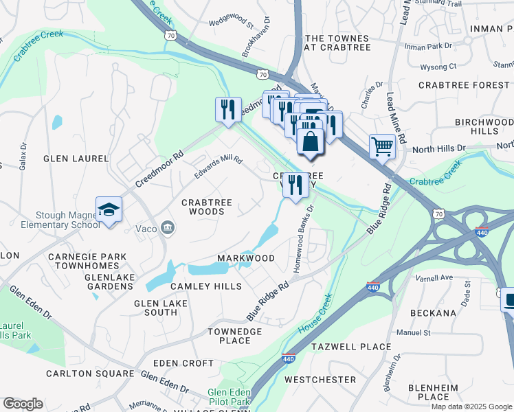 map of restaurants, bars, coffee shops, grocery stores, and more near 5020 Edwards Mill Road in Raleigh