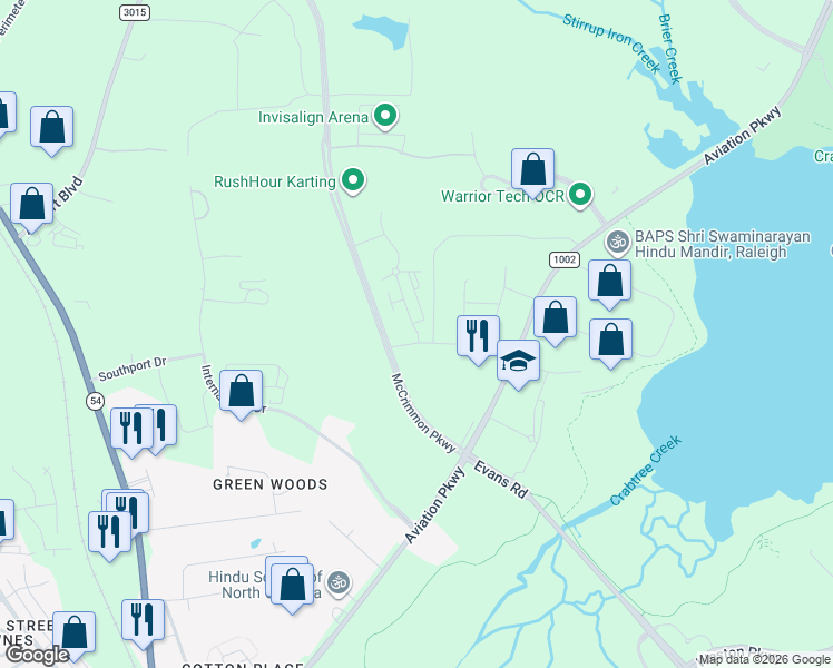 map of restaurants, bars, coffee shops, grocery stores, and more near 133 Southport Drive in Morrisville