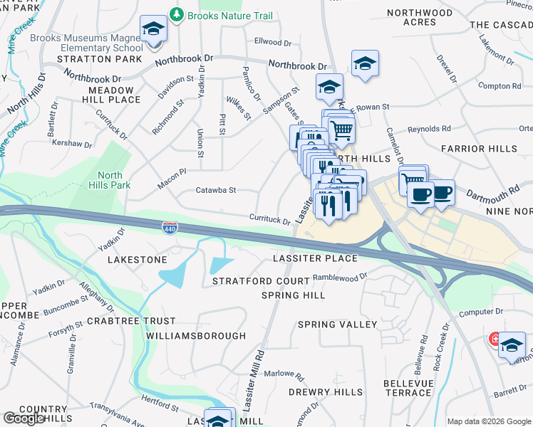 map of restaurants, bars, coffee shops, grocery stores, and more near 609 Currituck Drive in Raleigh