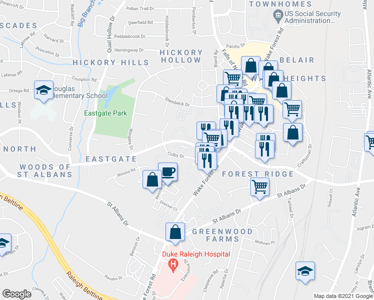 map of restaurants, bars, coffee shops, grocery stores, and more near 3808 Colby Drive in Raleigh