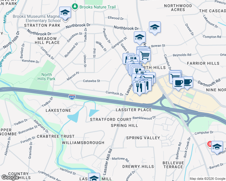 map of restaurants, bars, coffee shops, grocery stores, and more near 609 Currituck Drive in Raleigh