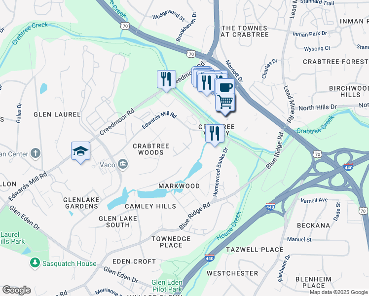 map of restaurants, bars, coffee shops, grocery stores, and more near 5056 Edwards Mill Road in Raleigh