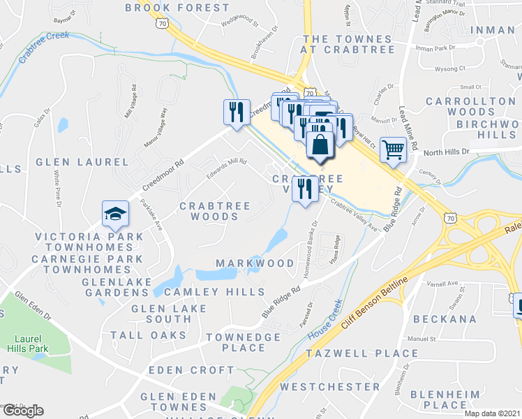 map of restaurants, bars, coffee shops, grocery stores, and more near 5056 Edwards Mill Road in Raleigh