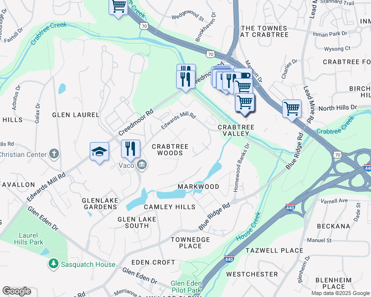 map of restaurants, bars, coffee shops, grocery stores, and more near 5020 Edwards Mill Road in Raleigh