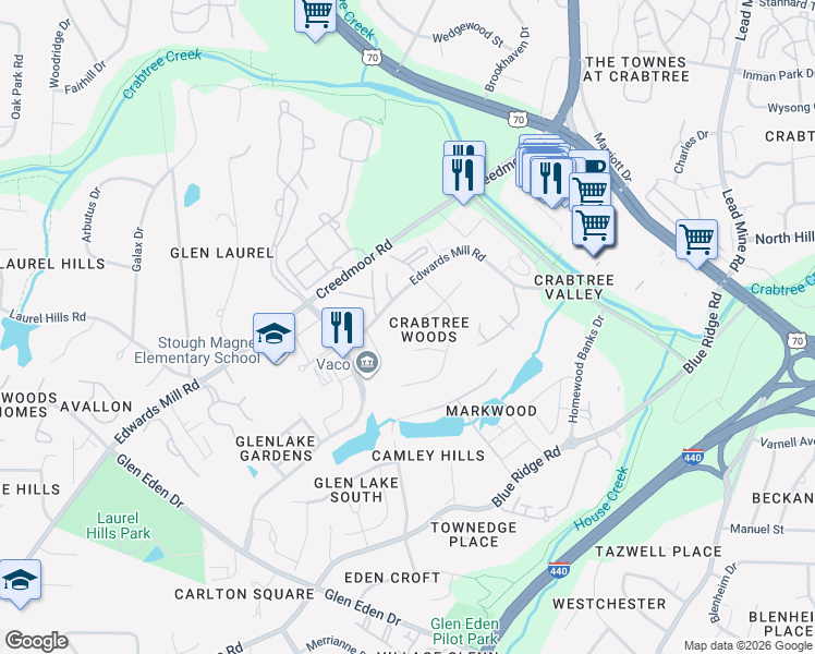 map of restaurants, bars, coffee shops, grocery stores, and more near 4701 Fargo Court in Raleigh