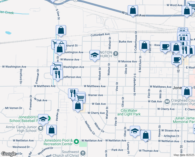 map of restaurants, bars, coffee shops, grocery stores, and more near 730 Nisbett St in Jonesboro
