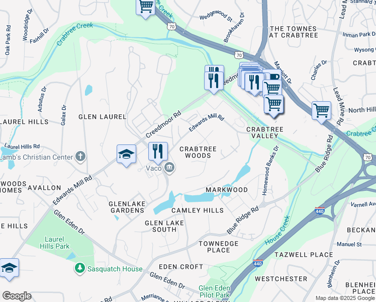 map of restaurants, bars, coffee shops, grocery stores, and more near 4701 Fargo Court in Raleigh