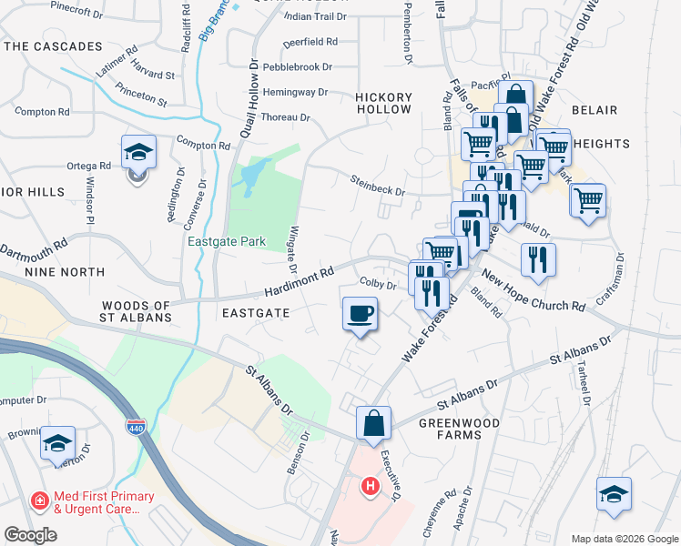 map of restaurants, bars, coffee shops, grocery stores, and more near 1124 Hardimont Road in Raleigh