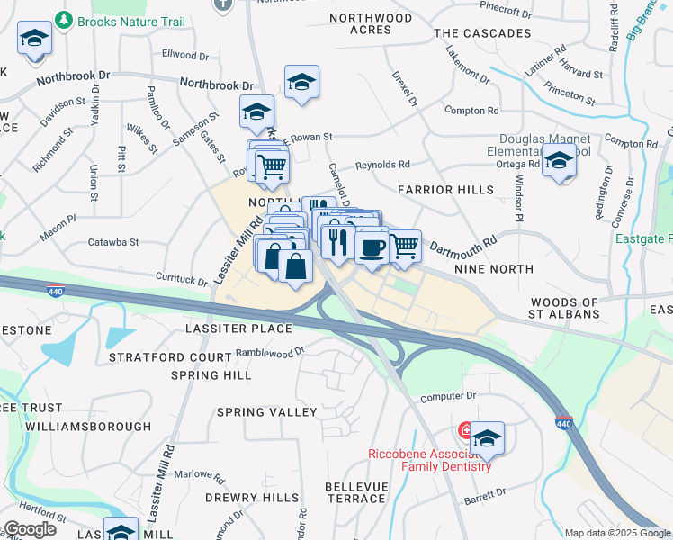 map of restaurants, bars, coffee shops, grocery stores, and more near in Raleigh