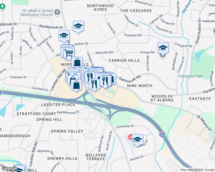 map of restaurants, bars, coffee shops, grocery stores, and more near 201 Park at North Hills Street in Raleigh