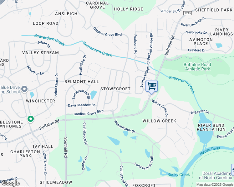 map of restaurants, bars, coffee shops, grocery stores, and more near 4353 Cardinal Grove Boulevard in Raleigh